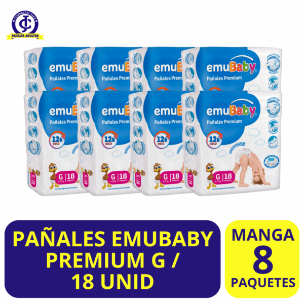 PAÑALES EMUBABY PREMIUM X MANGA 8 PAQUETES TALLA G