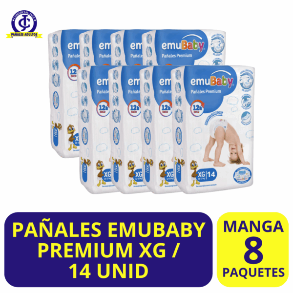 PAÑALES EMUBABY PREMIUM X MANGA 8 PAQUETES TALLA XG